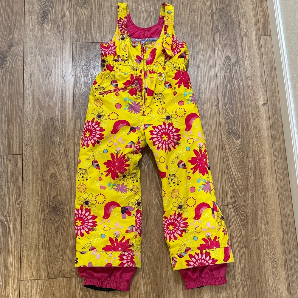Obermeyer ski pants snow bib snowpants - Size 6 Yellow & Pink Flower Bird Print